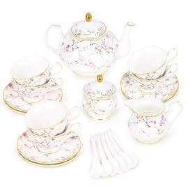 fanquare 21-Piece Gold Vine Floral Porcelain Tea Set, Bone China Tea Sets with Sugar Bowl Creamer Teacups, English Cremic Tea Service for Women Tea Party Family Gathering Home Décor