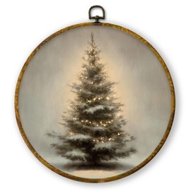 QZQE Vintage Christmas Tree Round Wall Art Decor Framed, Winter Xmas Tree Circle Canvas Prints, Rustic Cozy Winter Cottagecore Circular Wall Hanging Decor for Home Bedroom Living Room, 10x10 Inch