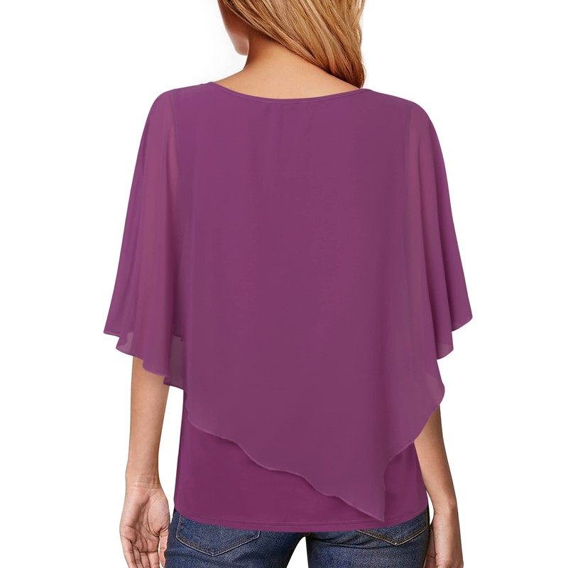 Vafoly Women's Chiffon Loose Batwing Blouse with Short Flutter Sleeves