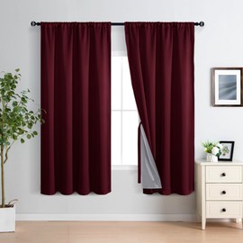 XWZO 100% Blackout Curtains with Tiebacks- Rod Pocket Heat and Full Light Blocking Window Panels & Thermal Insulated Draperies for Living Room Wide Window, Burgundy, W60 x L63, Set of 2