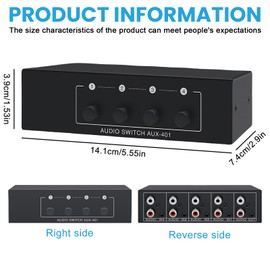 Audio Switcher, AUX Audio Switcher, RCA L/R Audio Switch 4(1)-In-1(4)-Out, Type Switch RCA Audio Switch, 3.5 mm Audio Splitter for Headphones, Phono, Speakers