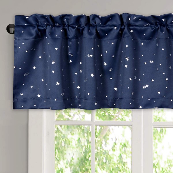 H.Versailtex Blackout Energy Efficient Rod Pocket 52-inch by 18-inch Curtain Valance for Kitchen,Bath,Laundry,Bedroom,Living Room,Glitter Stars in Navy Base, 1 Piece