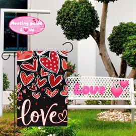 TIENO Valentine's Day Love Garden Flag 12x18 Double Sided Burlap, Polka Dot Love Heart Valentine Yard Flags for Anniversary Wedding Home Outdoor Decoration (ONLY FLAG)