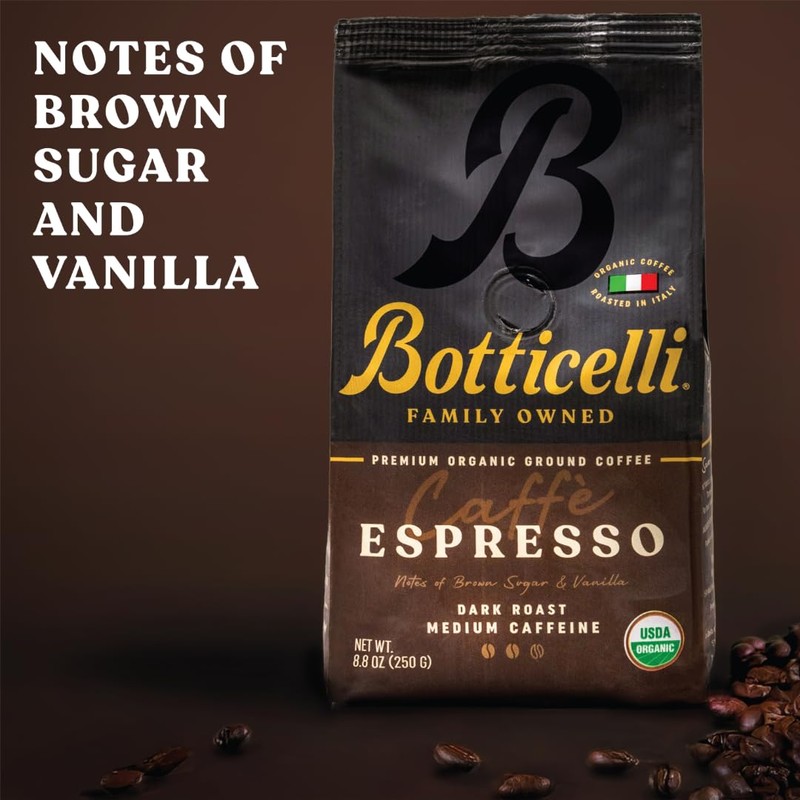 Botticelli Espresso Blend Ground CoffeeUSDA Organic, Medium Caffeine, Dark Roast