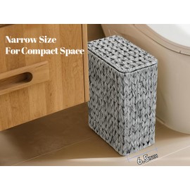 Coeusy 3 Gallon Wicker Trash Can,Grey Bathroom Trash Cans with Lid,Waterproof Slim Waste Basket for Bedroom,Home Office,Narrow Garbage Can with Removable Liner