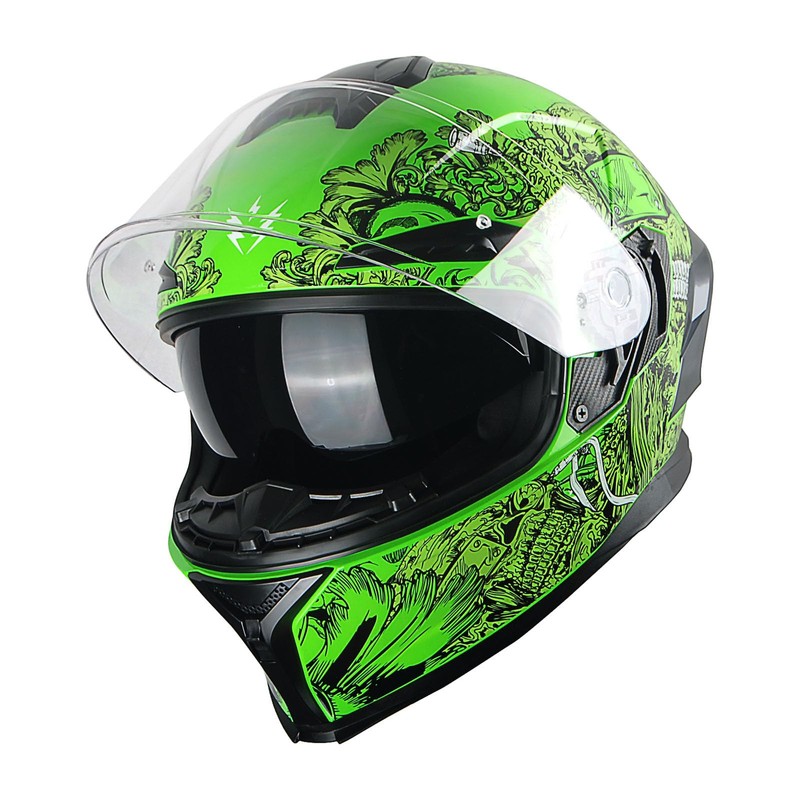 1Storm Motorcycle Full Face Helmet Dual Lens/Sun Visor Ghost Green