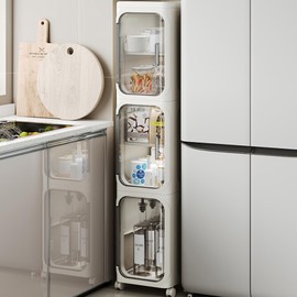 Hobetta 3-Tier Slim Bathroom Storage Cabinet, Tall Narrow Storage Cabinet with Doors and Adjustable Shelves, Wheels, Stackable & Collapsible Plastic Organizer for Small Spaces, Bathroom, White