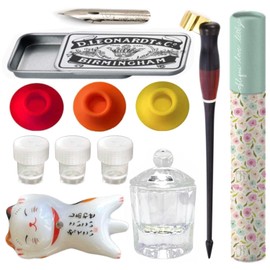 Oblique Calligraphy Pen Set: Copperplate Calligraphy Pen with Glass Ink Well, Empty Dip Pen Ink Well, Nikko G Nib, Pen Rest, and Nib Tin Organizer
