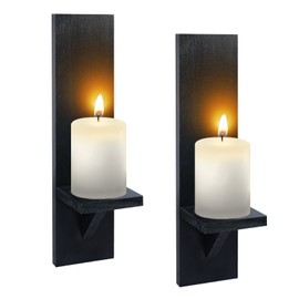 Wall Candle Sconces Set of Two, Rustic Black Wood Wall Candle Holder Decor, Farmhouse Wooden Candle Holder Decor for Fireplace, Hallway, Living Room, Bedroom