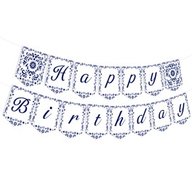 Talavera Happy Birthday Banner Blue and White Papel Picado Banner Mexican Fiesta Party Decorations for Mexican Theme Birthday Party Cinco De Mayo Fiesta