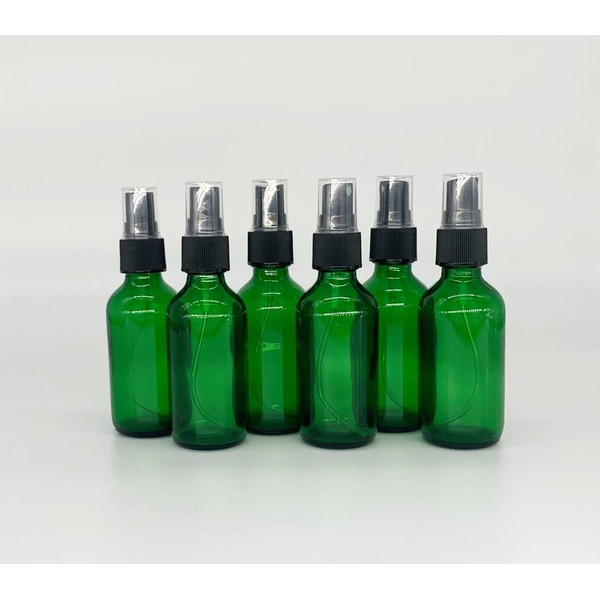 2 oz Green Boston Glass Bottles, with Black Fine Mist Sprayers (6-PACK)