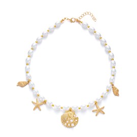 RINHOO Charm Necklace for Women 14K Gold Plated Shell Starfish Bow Pendant Necklace Summer Beach Paperclip Chain Jewelry Gifts (Style 2)