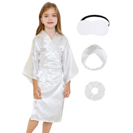 JIKAJA Girls Kids Silky Satin Robe Set for Spa Birthday Wedding Party Flower Girl Robe with Sleeping Mask Hair Band/Ring (White, 10