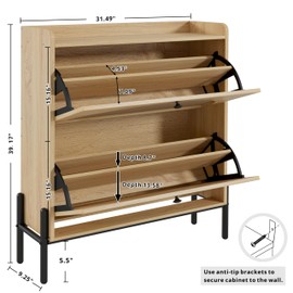 IRONCK Shoe Cabinet Storage with 2 Flip Drawers, Free Standing Wooden Shoe Storage Organizer Cabinet with Rattan Doors for Entryway, Narrow Shoe Rack Cabinet, Oak