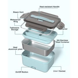 Monteka Electric Lunch Box Food Heater, New 100W High Power Portable Food Warmer, Heated Lunch Box for Adults Car/Home with 1.8L Removable Stainless Steel Container, 12V/24V/110V/220V