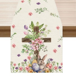 BOTB LIHM Easter Watercolor Cross Bunny Colorful Eggs Flowers Leaves Rabbits Cloth Table Runner Burlap Table Decoration for Spring Home Kitchen Dining Dinner Indoor Holiday Farmhouse Decor 13x60 Inch