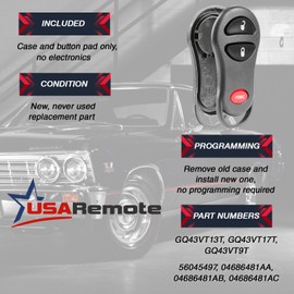 Key Fob Keyless Entry Remote Shell Case & Pad fits Chrysler, Dodge, Jeep, Plymouth 1999 2000 2001 2002 2003 2004 2005