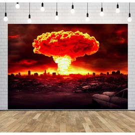 Loccor 7x5ft Fabric Atomic Bomb Nuclear Explosion Backdrop Nuclear Detonation Mushroom Cloud Ruin Destroyed City End of The World Background Party Decorations Photo Props