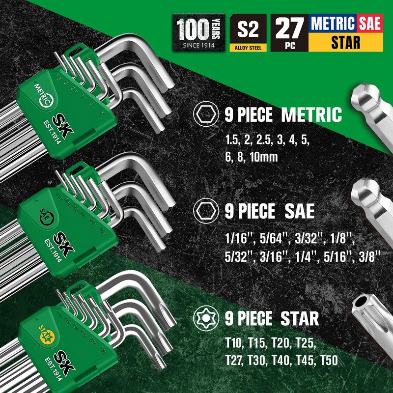 SK 27-Piece Allen Wrench Set, Metric/SAE/Star Hex Key Set, L-Shaped,