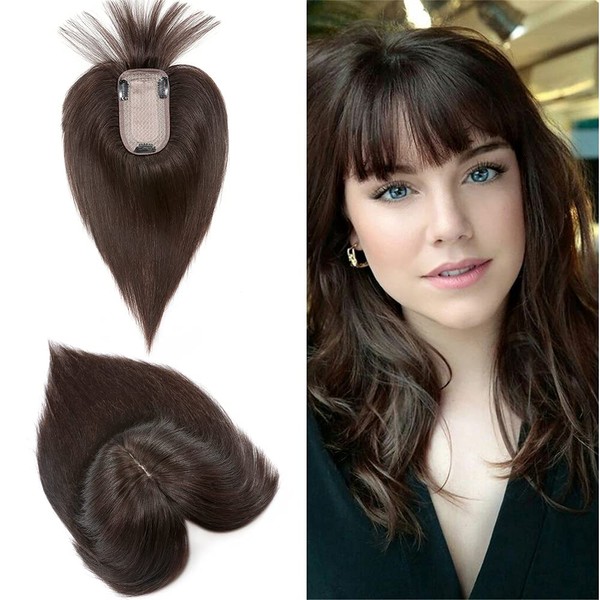 Hairro Clip in Hair Toppers with Bangs 100% Real Remy Human Hair 13 * 7cm Machine Made Hair Topper for Women Human Hair Extension for Thinning Hair Loss (14 Inch #2 Dark Brown)