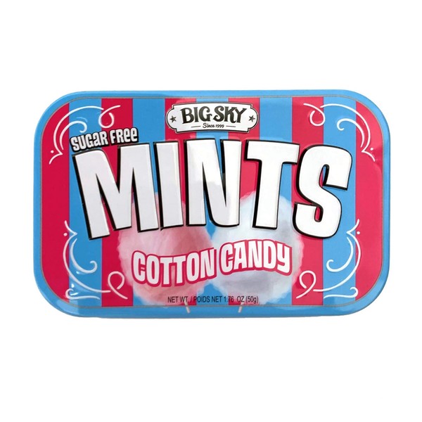 Big Sky Sugar Free Cotton Candy Mint Candy, 50g Tin - 6 Count Display Tray