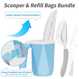 Cat Litter Scoop, Cat Litter Scooper with Holder for Litter Box Includes 10rolls (150pcs) Litter Bags, Large Shovel and Waste Storage Container, 3 in1 Portable Kitty Poop Disposal System (Blue)