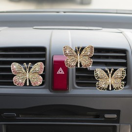 3PCS Bling Butterfly Car Dashboard Air Vent Trim Clips, Crystal Rhinestone Car Diffuser Air Conditioner Outlet Clip, Air Freshener Vent Clip Car Interior Decoration Clip for Women (Purple/Green/Pink)