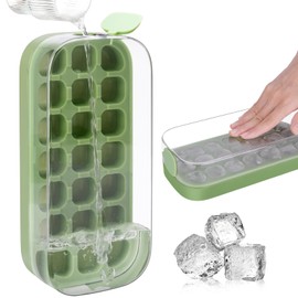Ice Cube Tray with Lid and Bin 21 Pcs Quick-Fill Ice Cube Mold for Freezer Easy Press to Release Green No-Touch Ice Tray