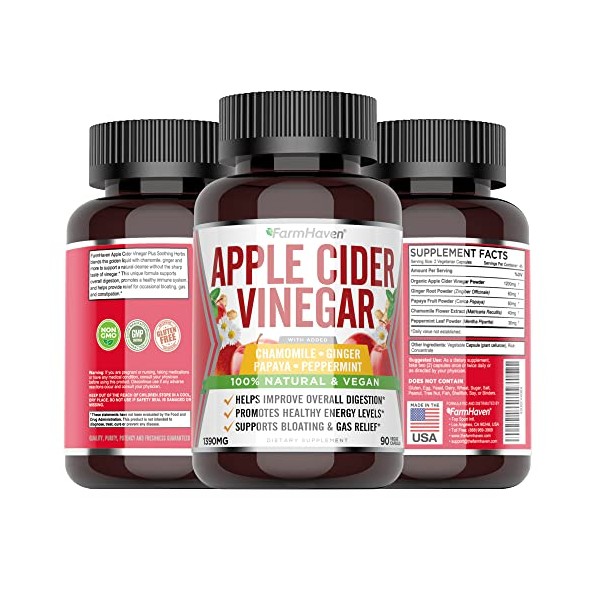 Apple Cider Vinegar Capsules with Ginger, Papaya & Chamomile | 1390mg | Improves Digestion, Energy, Immunity | Soothes Gas & Bloating Issues | Like with Mother | Non-GMO & 100% Natural | 270 Capsules