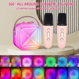 Panbemai Mini Karaoke Machine for Kids with 2 Wireless Microphones & Bluetooth | Portable Speaker with Phone Stand & Colorful Lights for Girls Ages 3-4-5-6-12+ (Pink)