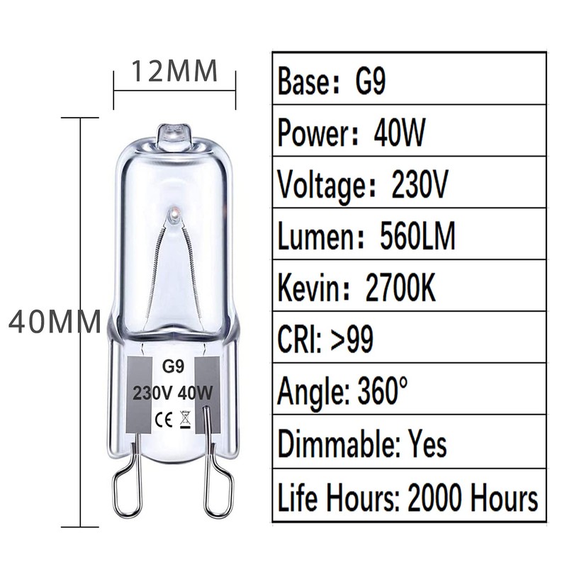 Euxper G9 40 W Halogen Bulbs, Clear Capsule G9 Dimmable