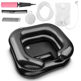 Inflatable Shampoo Basin, Loc Detox Tub for Dreads, Shampoo Buddy Bowl for Bedridden, Disabled,Injured with 2.5 GL Portable Water Shower Bag（Black）