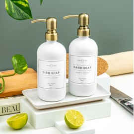 Vine Creations Glass Soap Dispenser, 2 Pack Kitchen Soap Dispenser Set with Ceramic Tray, Stainless Steel Pump, Dish Soap Dispenser for Kitchen, Hand Soap Dispenser Bathroom with Waterproof Labels