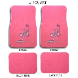 ALLBrand Universal Fit Front/Rear 4-Piece Full Set Crystal Bling Rhinestone Design Studded Carpet Car SUV Truck Pink Floor Mats - 4 Pcs Set (Pink Heel-Pink)
