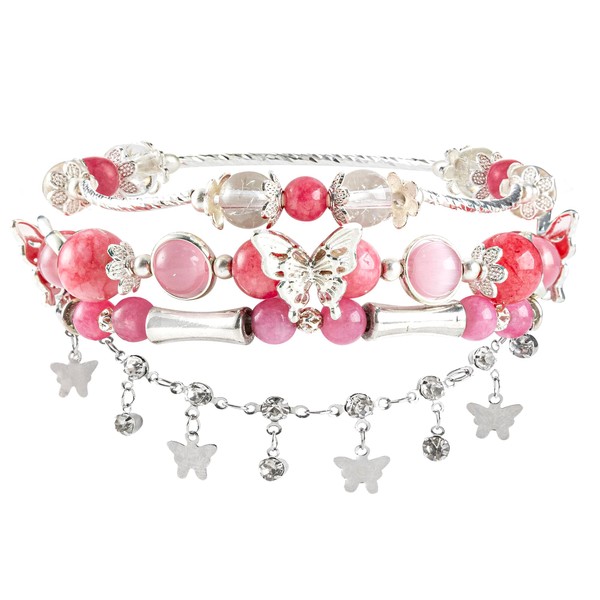 Besydec Hot Pink & Silver Beaded Bracelet Set with Butterfly