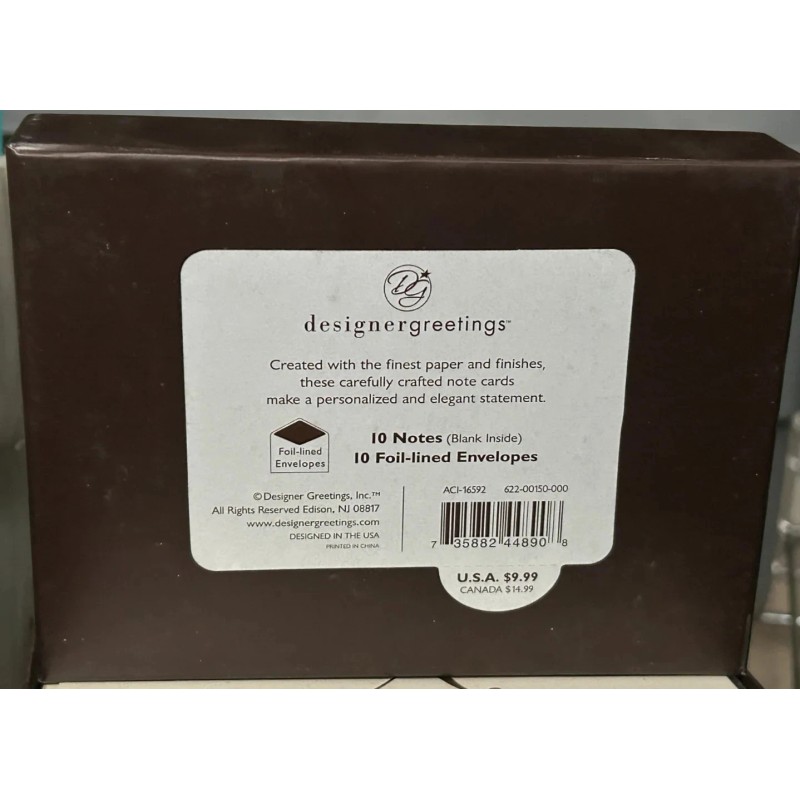 Designer Greetings Monogram "X" Boxed Notecards W/Gold Foil Envelopes 10