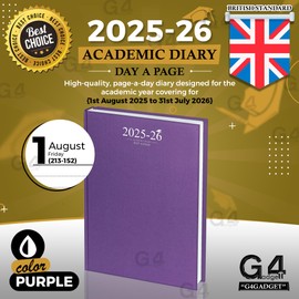 G4GADGET Academic Diary 2025-2026 A4 Day-A-Page School Planner for Students and Teachers Diary with Case Binding (Purple Cover)