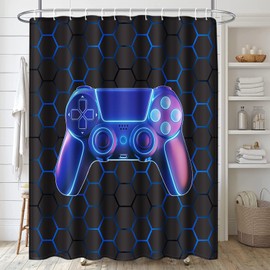 Arttown Game Bathroom Set with Shower Curtain and Rugs and Accessories, Blue Kids Gamepad Gaming Honeycomb Shower Curtains, Modern Art Bathroom Decor 4 Pcs