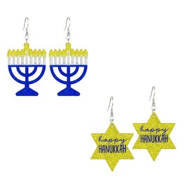 1-3Pairs Glitter Hanukkah Dangle Earrings for Women Blue White Menorah Star Of David Earringd Religious Jewish Holiday Jewelry Accessories Chanukah Christmas Gifts, Acrylic, No Gemstone