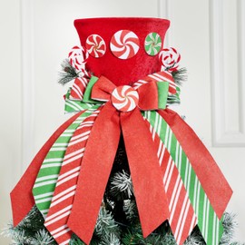 JOIEDOMI 20 Inch Christmas Tree Topper Hat, Red Hat Tree Topper with Candy Cane Ribbon, Christmas Tree Topper Bow Top Hat Christmas Tree Topper for Chtistmas Tree Winter Decor Indoor Decorations