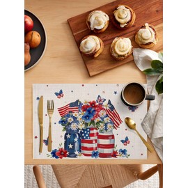 4th of July Placemats Set of 6, Memorial Day American Flag Daisy Butterfly Cotton Linen Table Mats Non-Slip Washable Print Placemat for Independence Day Banquet Dining Kitchen Table Decor