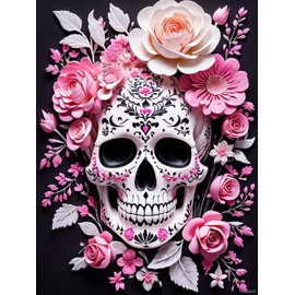 PUAGEMTI Pink Flower Sugar Skull Diamond Painting, Day of The Dead 5D Sparkling Diamond Painting Kit for Adults Beginners Home Wall Decor DIY Gift Drill Round Art Gems 12x16 Inch
