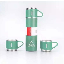 LeMardi Stainless Steel Insulated Flask Thermos with 3 Attachable Mugs- Perfect for Travel, Work, Picnics, Coffee, & Tea (Hot/Cold for 12 Hours) (GREEN)