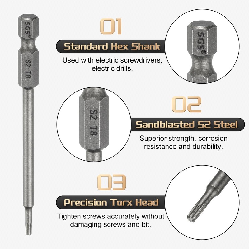 HARFINGTON T8 Torx Head Screwdriver Bit 1/4" Hex Shank 3.15"