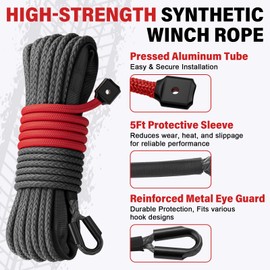 HOKINETY Synthetic Winch Rope Kit - 1/4" x 50' 10000 lbs Synthetic Winch Cable for ATV UTV Off-Road Vehicles with Forged Hook, Rubber Stopper, Protective Sleeve and Safety Pull Strap - Grey