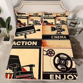 Movie Theater Bed Cover(1 Fitted Sheet+1 Pillow Case),Filmstrip Popcorn Bedding Set for Kids Teens Room Decor,Vintage Cinema Bed Sheet Set Ultra Soft,3Pcs Double Size