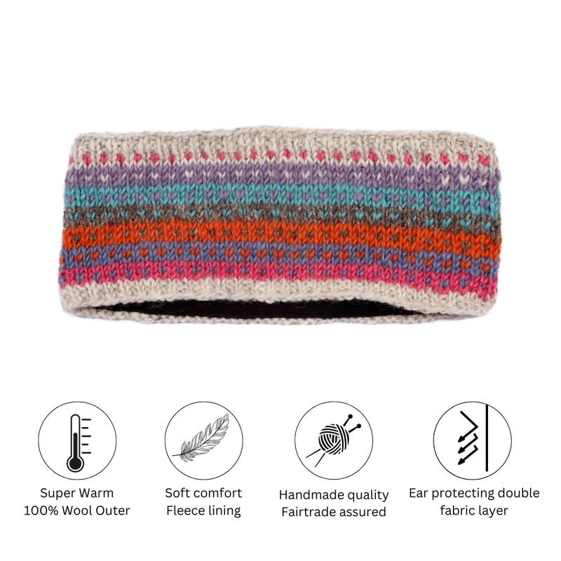 Pachamama Women Wool Ear Warmer Headband Fleece Lined Handknitted Dots