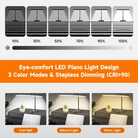 DUDUDU 17" Dimmable LED Piano Light, 2-in-1 Clamp Base Piano Lamp with Metal Music Book Clip & Flexible Gooseneck, 3 Colors Modes, Adjustable Height & Direction for Grand/Upright/Digital Pianos Black