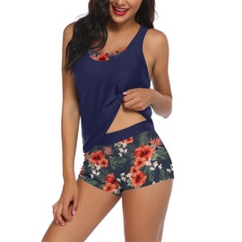 AI'MAGE Racerback Women's Tankini Swimsuits Hot Pants Swim Tops and Shorts Swimming Costume Sexy Beachwear 3 Pieces, Flowers, XL