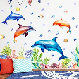 Ocean Animal Wall Decals Under The Sea Fish Wall Stickers Large Dolphin Wall Decals Underwater Bubble Seaweed Wall Stickers Big Dolphin Wall Stickers for Bathroom Kids Bedroom Nursery